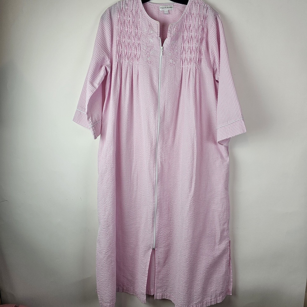 Miss Elaine Seersucker House Dress House Coat Pink White M Embroidery Full Zip